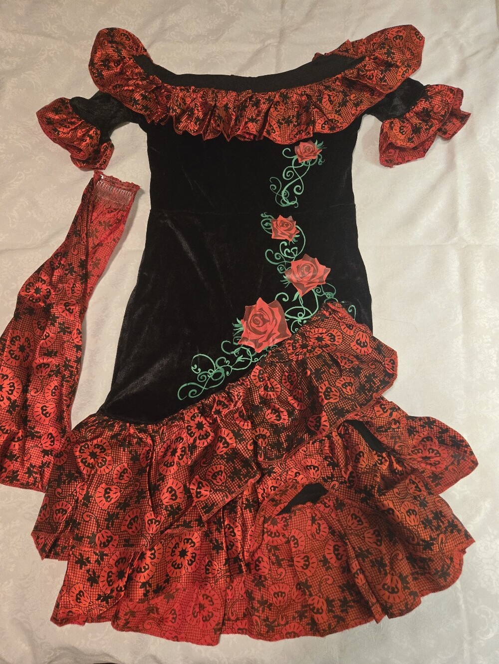 VELVET Salsa Segnorita COSTUME Black Dress with Red Roses & Ruffled Trim MED